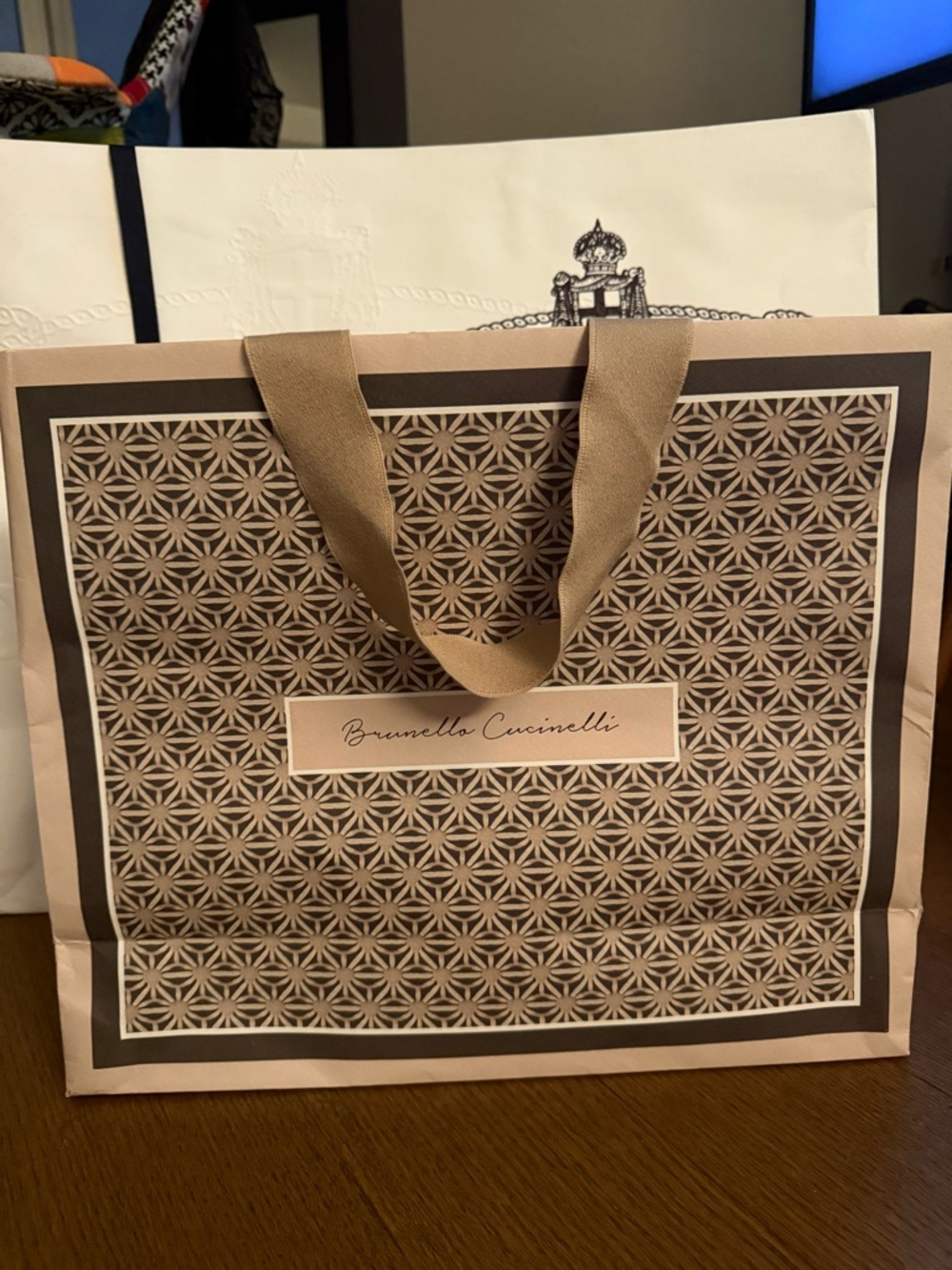 Brunello Cucinelli Beige and Taupe Geometric Tote Bag